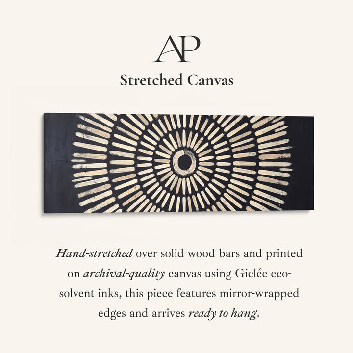 Living Room Wall Art Long Narrow Black Sunburst Geometric Canvas stretched canvas, full artwork view
