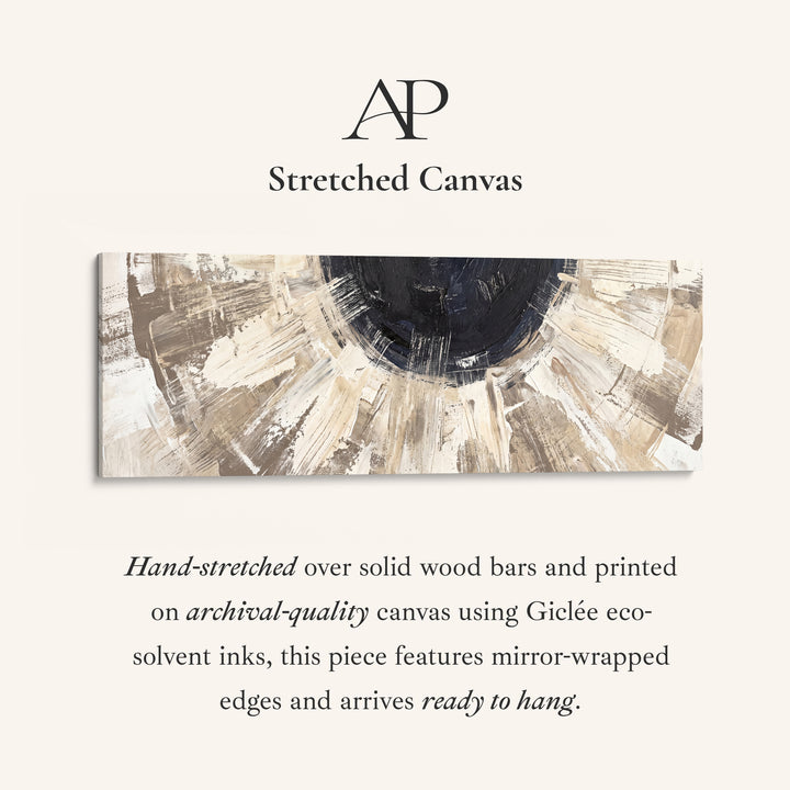 Above Bed Wall Art Panoramic Neutral Brushstroke Sunburst Abstract stretched canvas, full artwork view