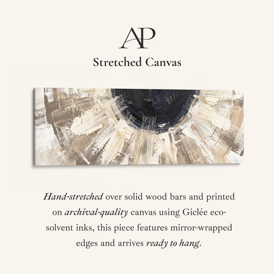 Above Bed Wall Art Panoramic Neutral Brushstroke Sunburst Abstract stretched canvas, full artwork view