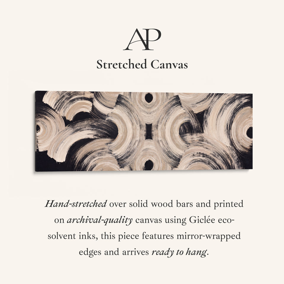 Neutral Brushstroke Arcs Pattern Long Narrow Wall Art Above Couch stretched canvas, full artwork view