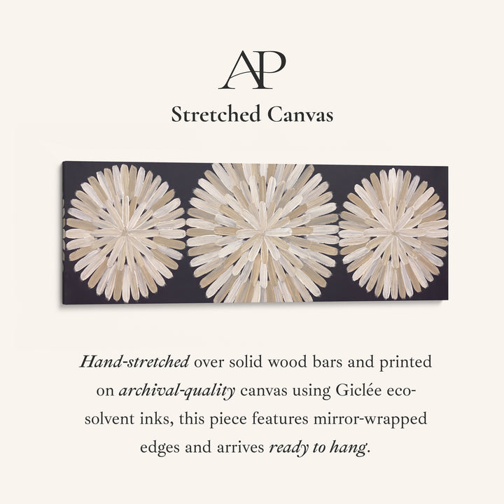 Hallway Wall Art Long Horizontal Three Brushstroke Medallions stretched canvas, full artwork view
