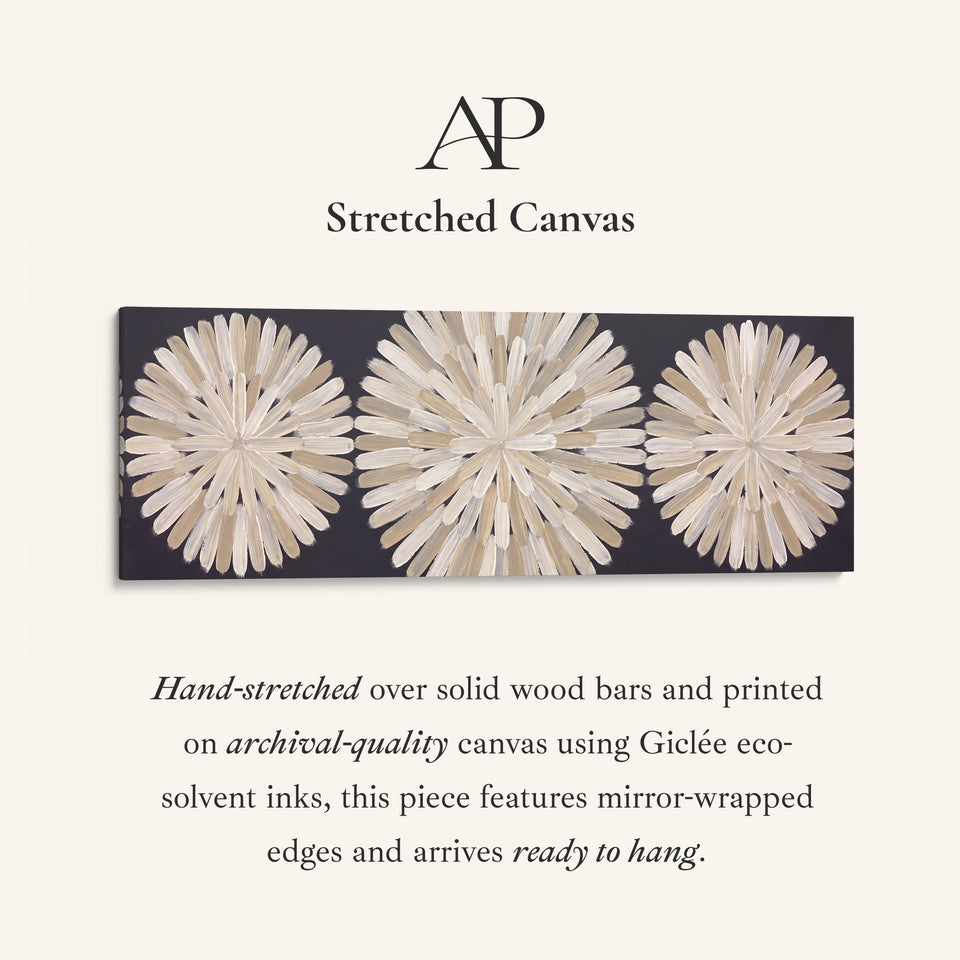 Hallway Wall Art Long Horizontal Three Brushstroke Medallions stretched canvas, full artwork view