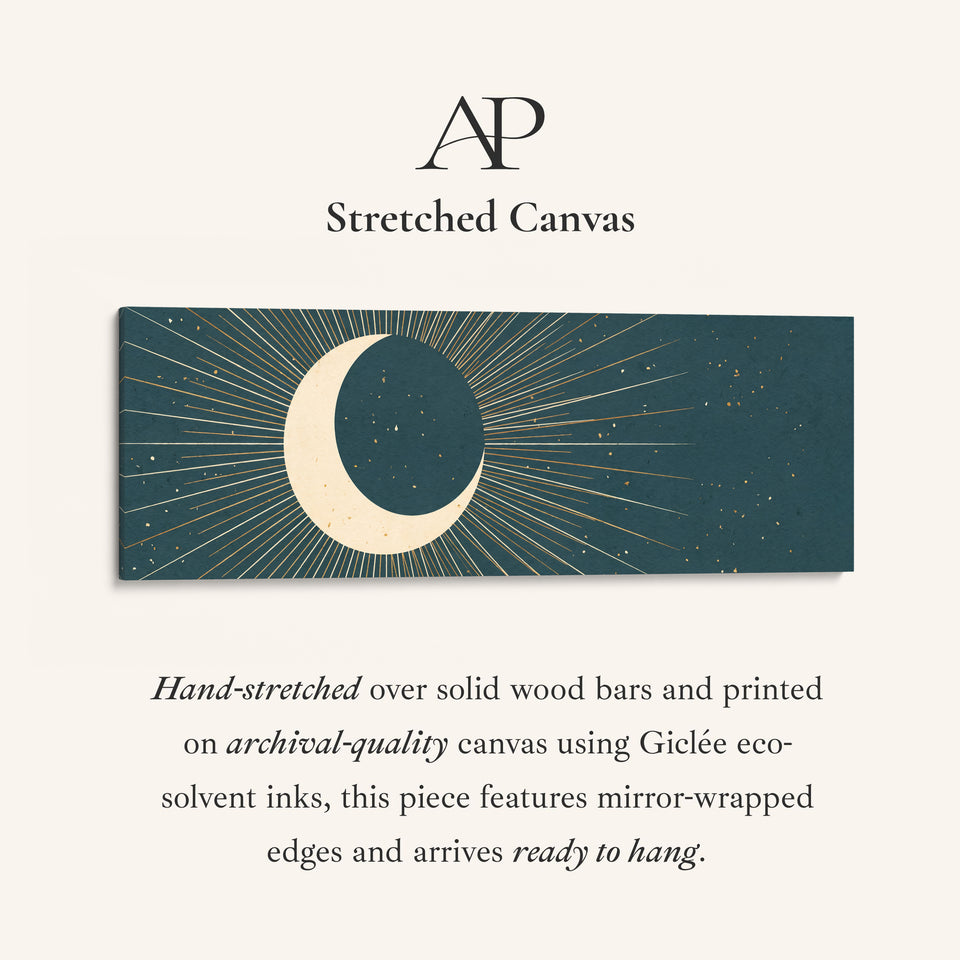 Teal Crescent Moon and Stars Panoramic Wall Art for Bedroom stretched canvas, full artwork view