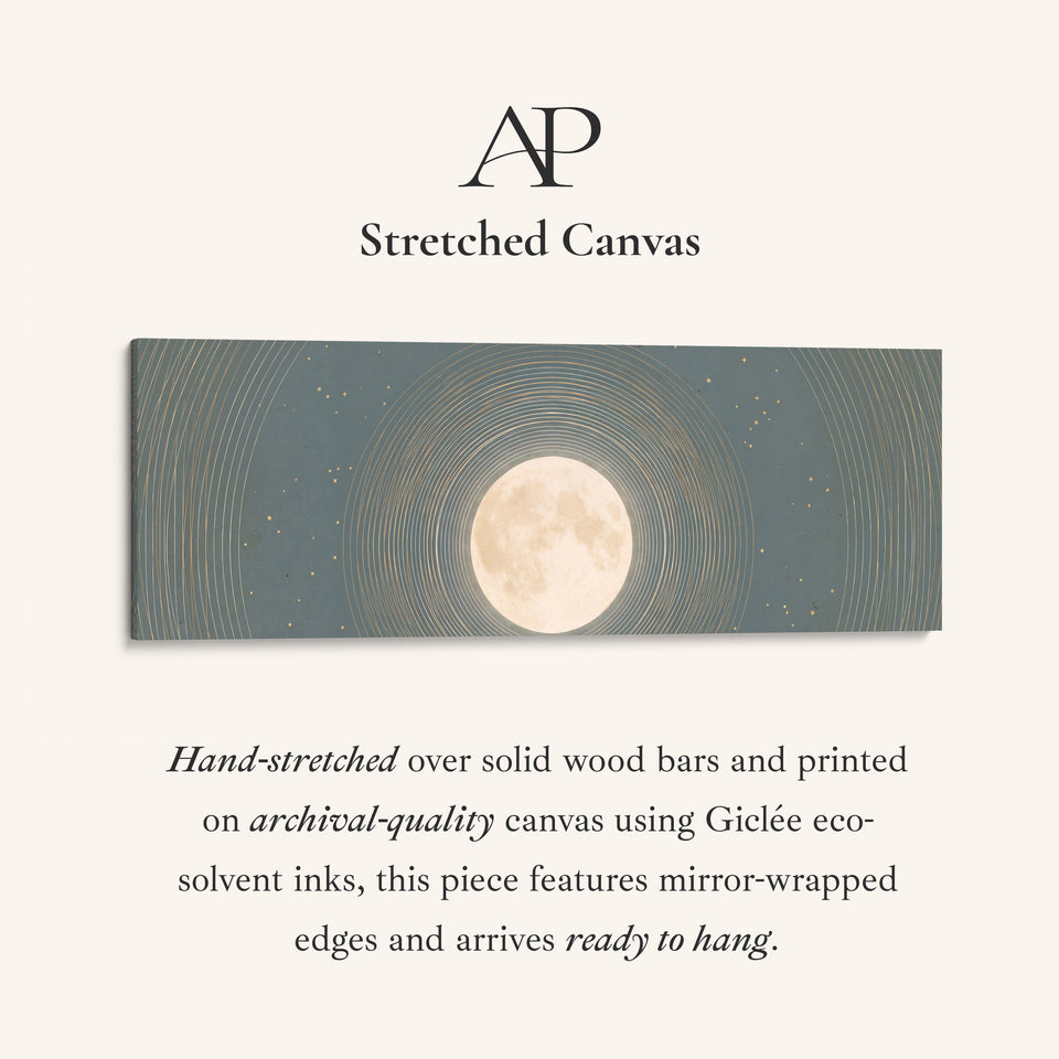 Bedroom Wall Art Long Horizontal Full Moon with Celestial Rings stretched canvas, full artwork view