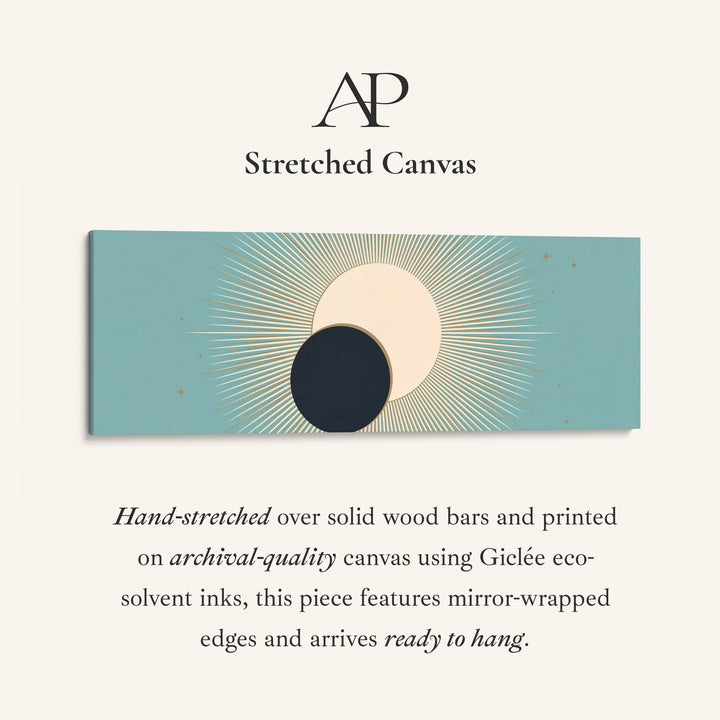 Horizontal Wall Art Aqua Celestial Eclipse Sun and Moon for Living Room stretched canvas, full artwork view