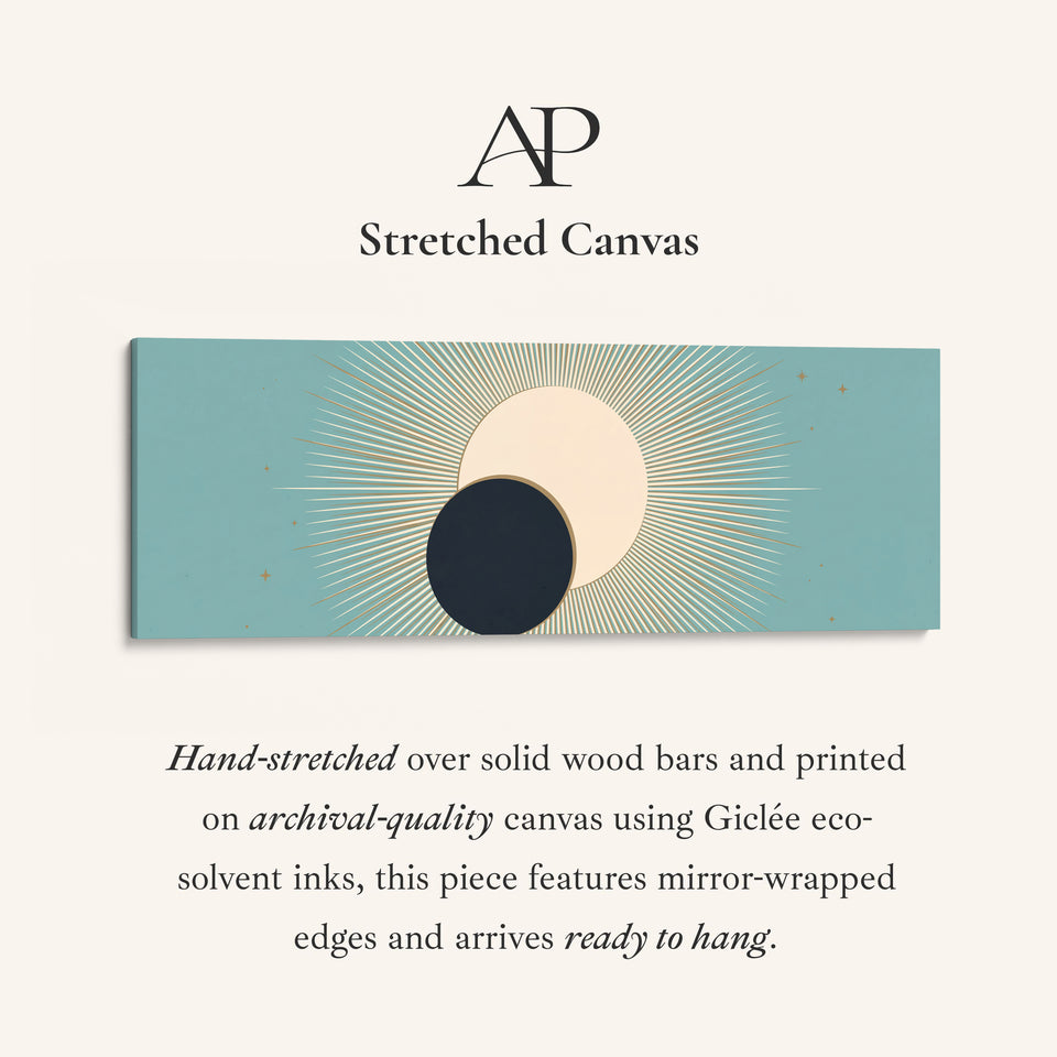 Horizontal Wall Art Aqua Celestial Eclipse Sun and Moon for Living Room stretched canvas, full artwork view