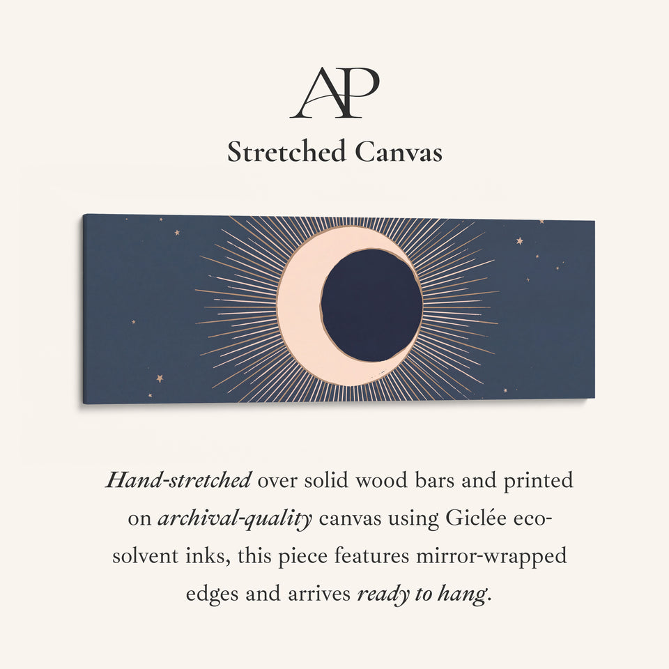 Navy Crescent Eclipse Long Wall Art Large Canvas Above Bed stretched canvas, full artwork view