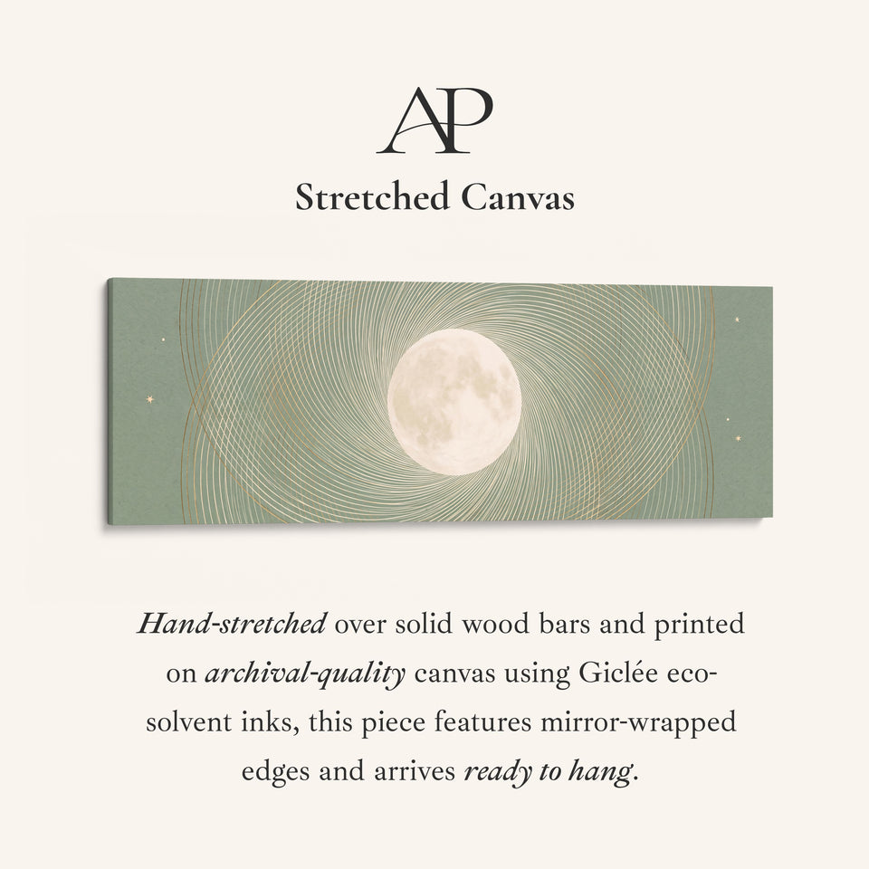 Above Couch Wall Art Panoramic Sage Full Moon Celestial Canvas stretched canvas, full artwork view