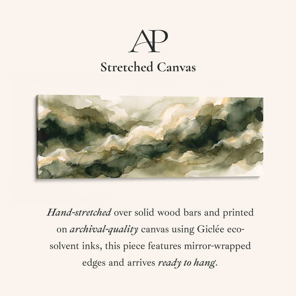 Long Narrow Wall Art Sage Watercolor Clouds Abstract for Living Room stretched canvas, full artwork view