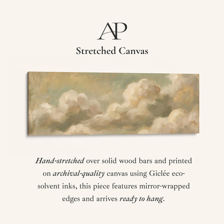 Soft Romantic Cream Clouds Long Wall Art Above Bed stretched canvas, full artwork view