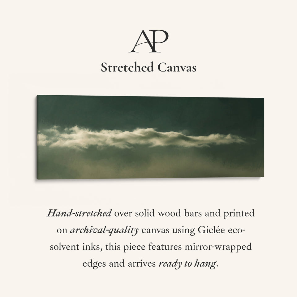 Living Room Wall Art Long Narrow Cloud Band on Dark Green Minimalist stretched canvas, full artwork view