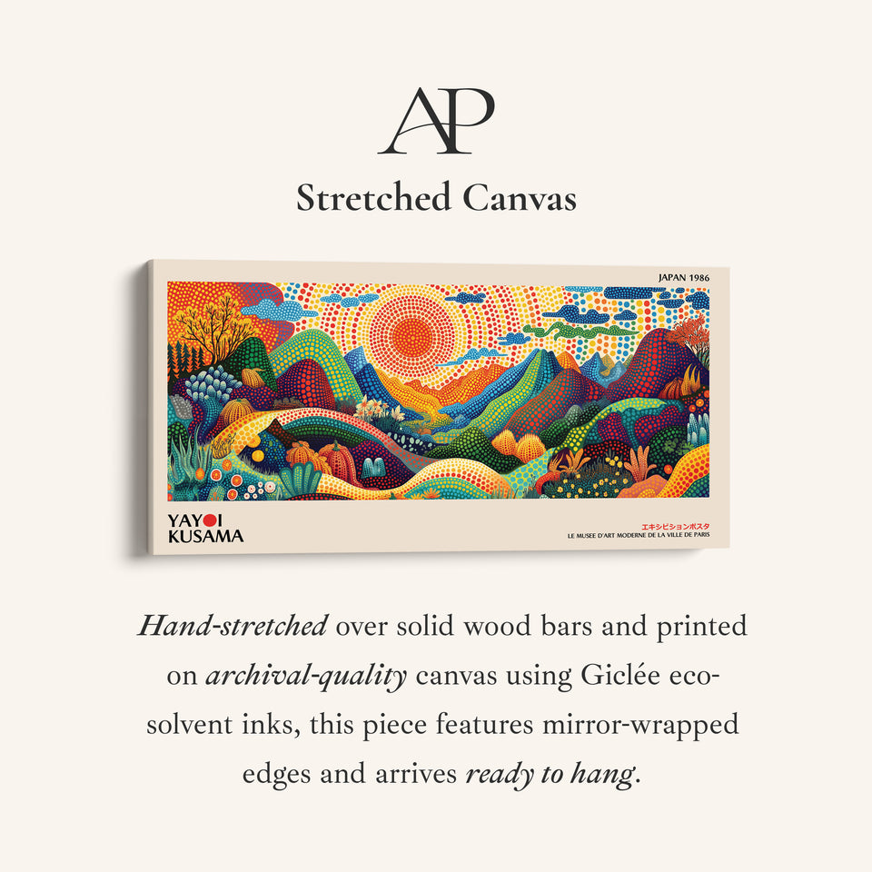 Yayoi Kusama Wide Canvas Dotted Mountain Landscape With Sun Panoramic Canvas Print For Living Room