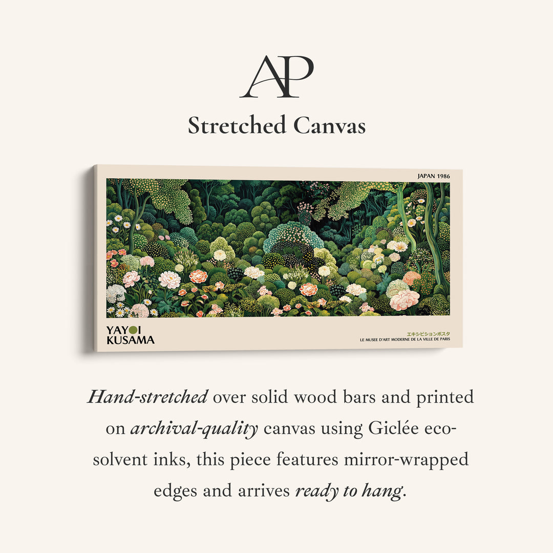 Yayoi Kusama Panoramic Wall Art Dense Green Floral Garden Framed Canvas Print For Living Room