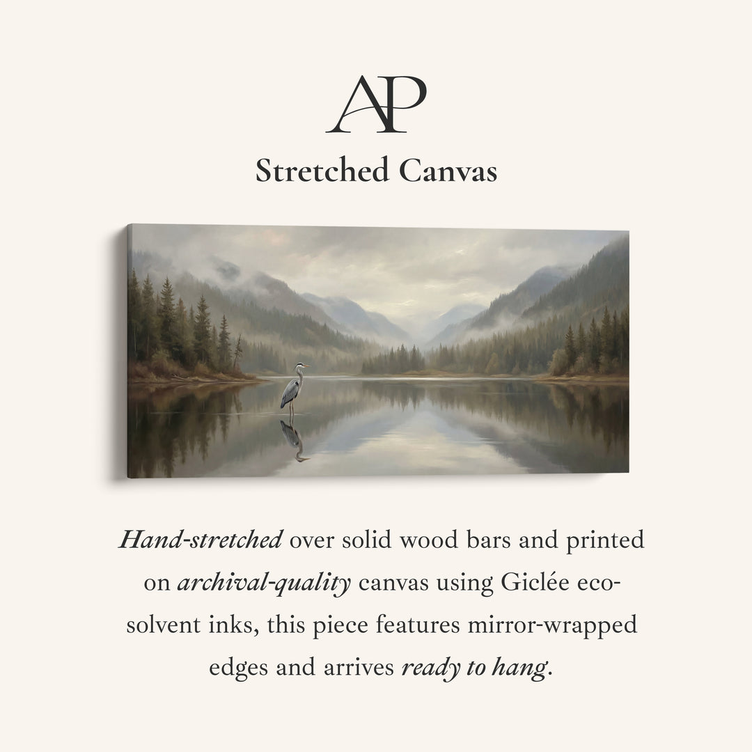 Wide Canvas Heron On Still Lake Panoramic Canvas Print For Living Room