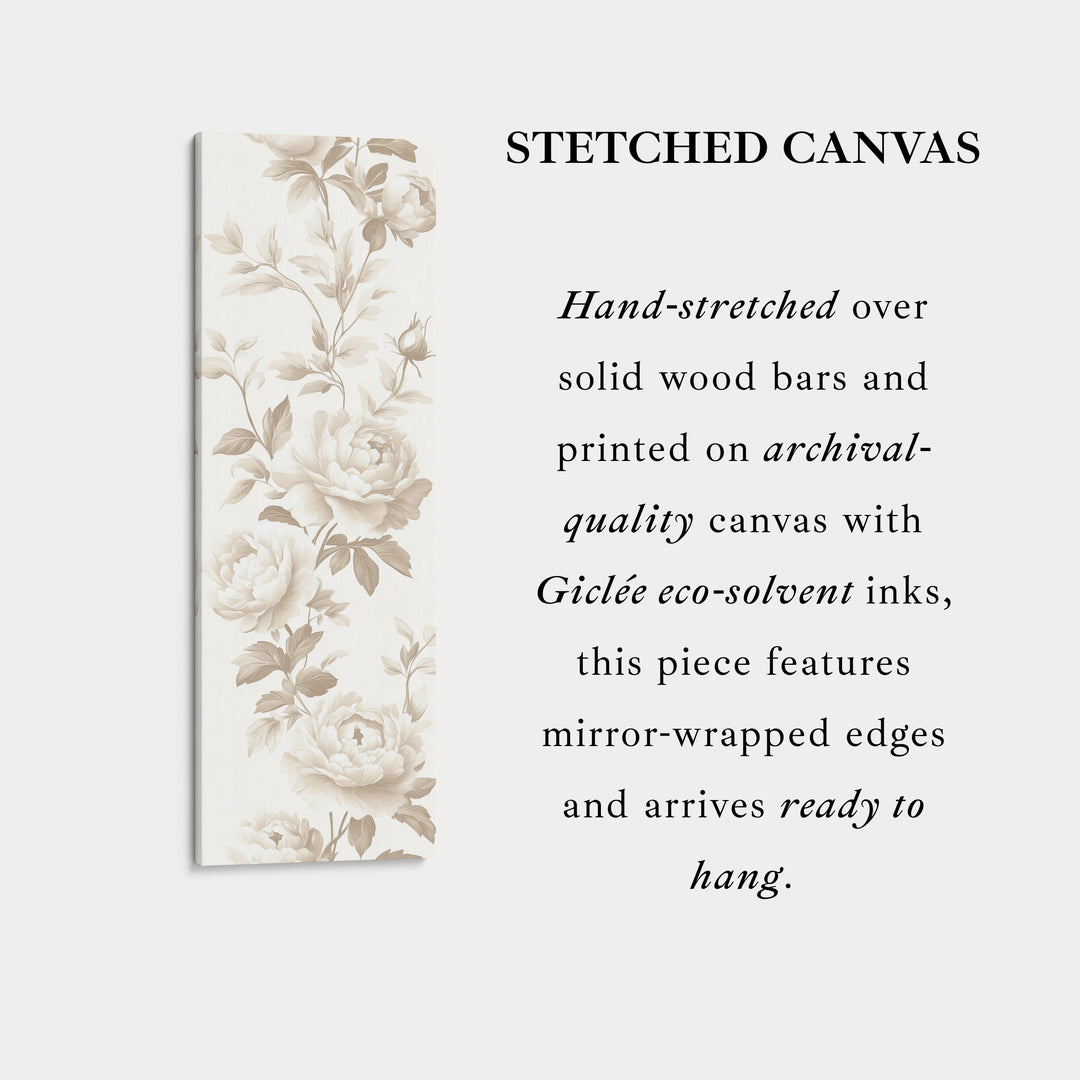Décoration murale longue toile encadrée avec pivoines beiges verticales florales