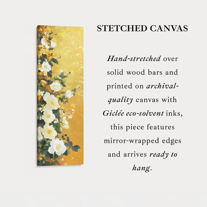 Vertical White & Gold Floral Long Framed Canvas Decor