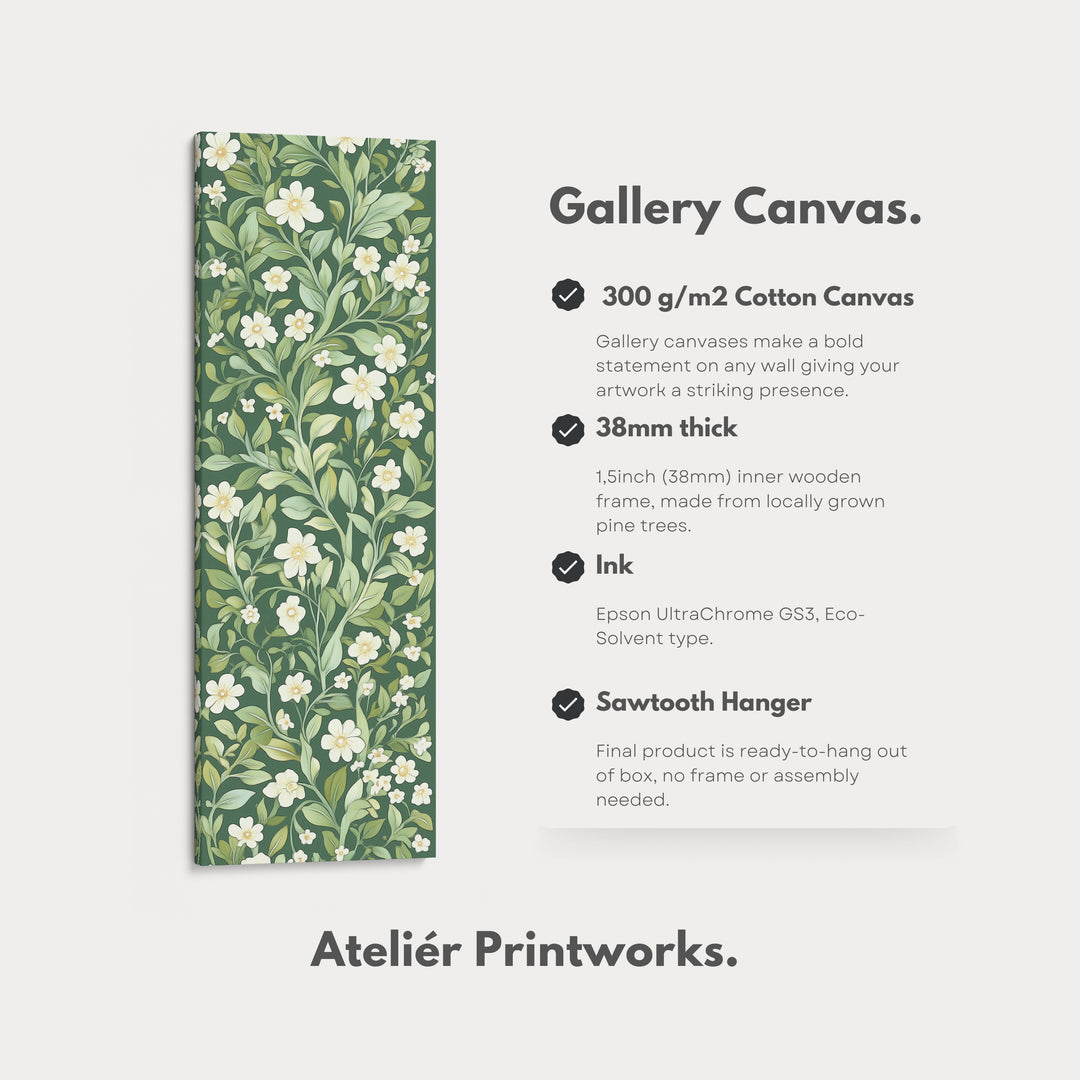 Framed Canvas Narrow Vertical White & Green Floral - V0239