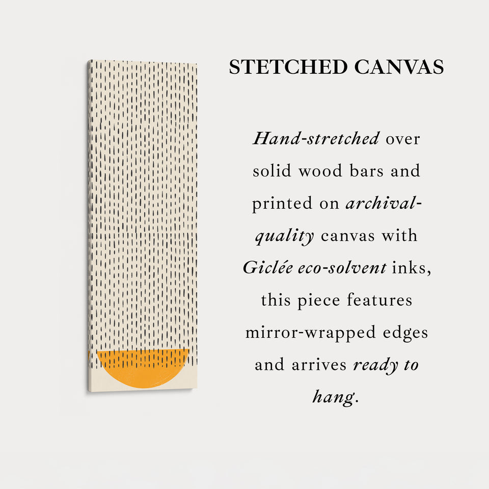 Minimalistische oranje halve cirkel verticale ingelijste canvas wanddecoratie voor hal of slaapkamer