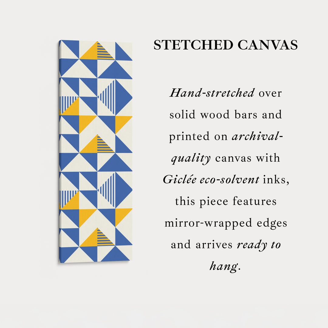Retro Blue and Yellow Triangles Vertical Framed Canvas Wall Art for Bedroom or Hallway