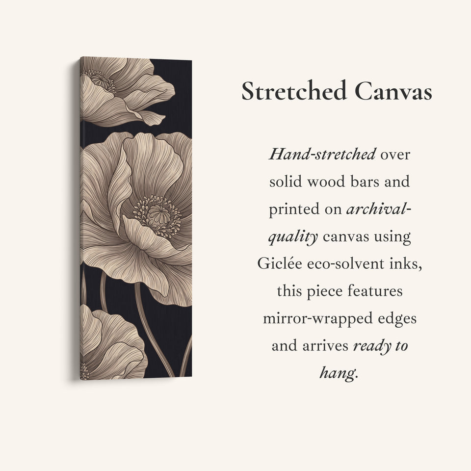 Vertical Wall Art Line Drawn Poppies on Black for Living Room, full artwork view of this tall vertical canvas