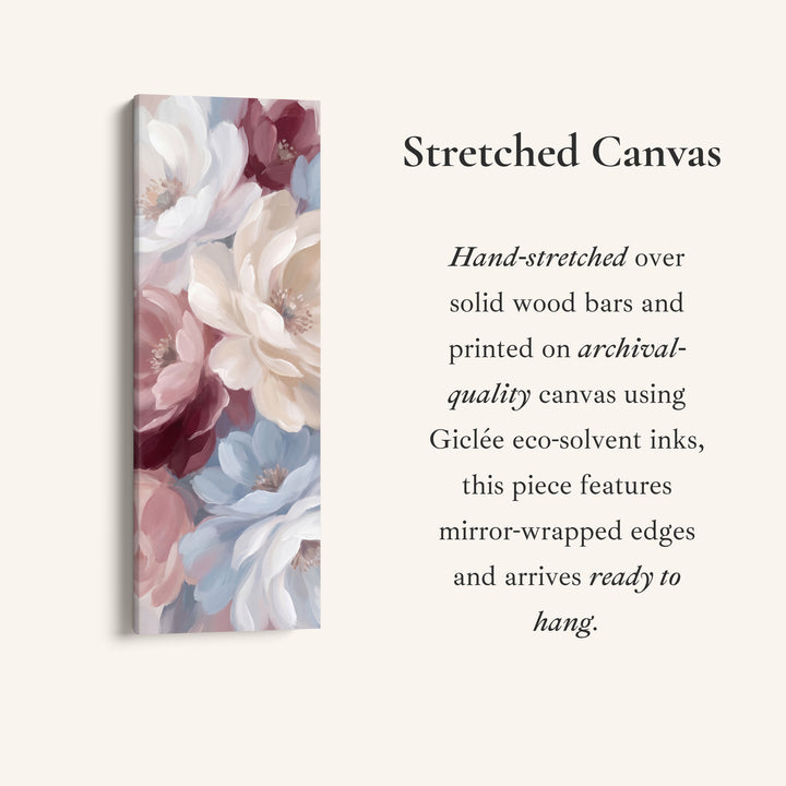 Soft Romantic Peonies Tall Narrow Wall Art for Bedroom, full artwork view of this tall vertical canvas