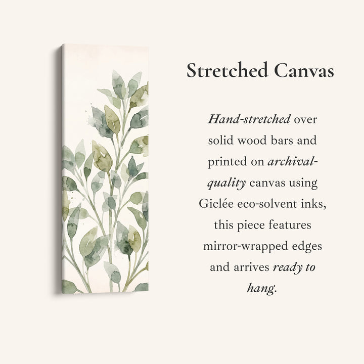 Hallway Wall Art Long Narrow Watercolor Leaf Stems, full artwork view of this tall vertical canvas
