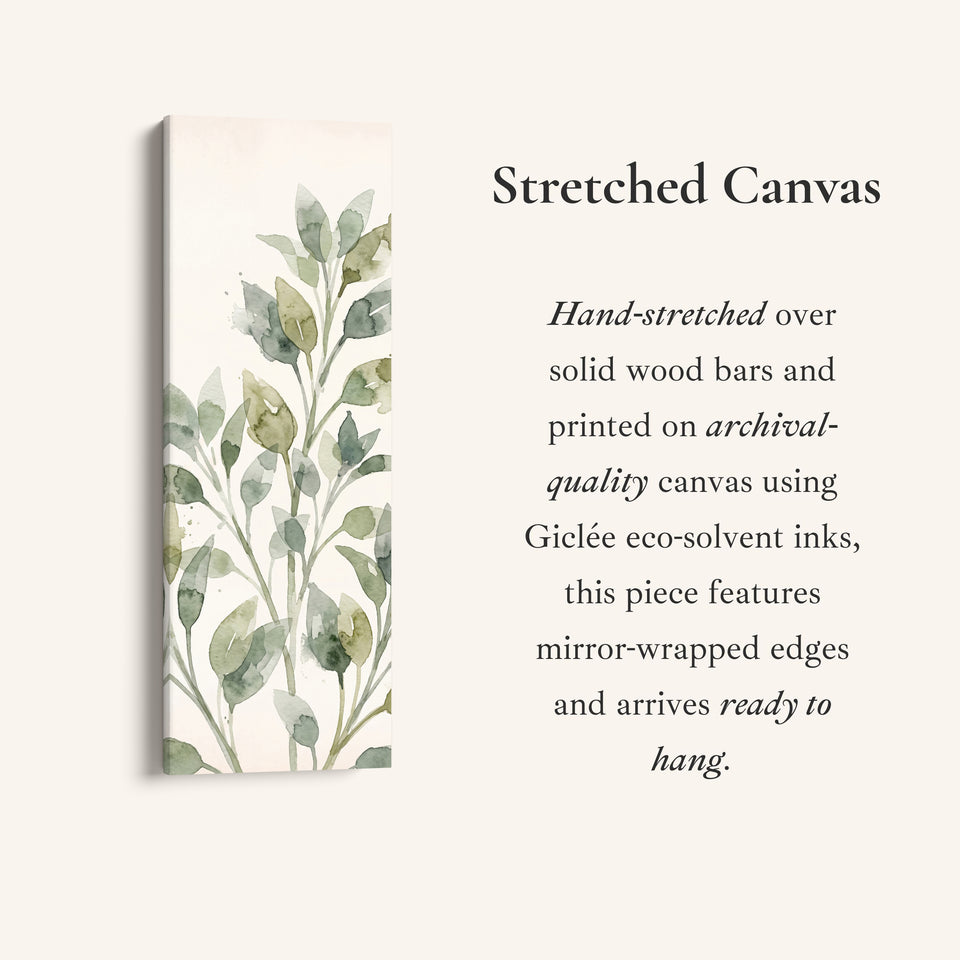 Hallway Wall Art Long Narrow Watercolor Leaf Stems, full artwork view of this tall vertical canvas