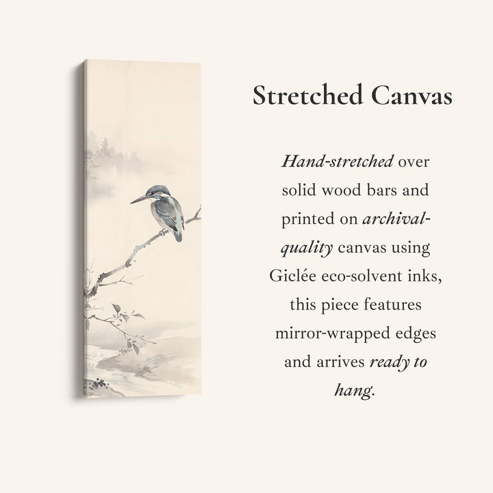 Tall Wall Art Kingfisher on a Branch Japanese Ink Style for Office, full artwork view of this tall vertical canvas