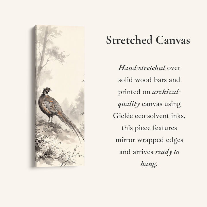 Pheasant in the Mist Vertical Wall Art Japanese Ink Style for Hallway, full artwork view of this tall vertical canvas