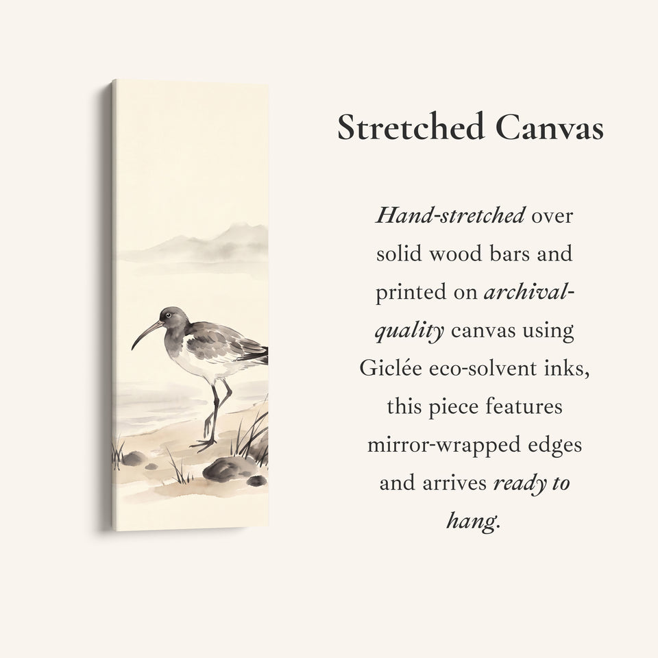 Quiet Coastal Curlew on the Shore Tall Narrow Wall Art for Bedroom, full artwork view of this tall vertical canvas
