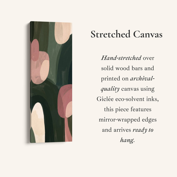 Living Room Wall Art Vertical Pink and Green Abstract Shapes, full artwork view of this tall vertical canvas