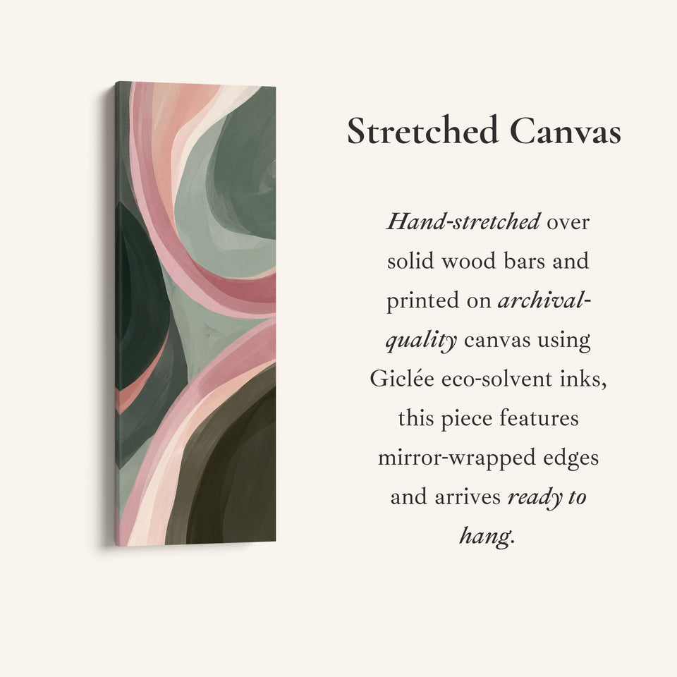 Tall Narrow Wall Art Flowing Pink and Sage Abstract Curves for Bedroom, full artwork view of this tall vertical canvas