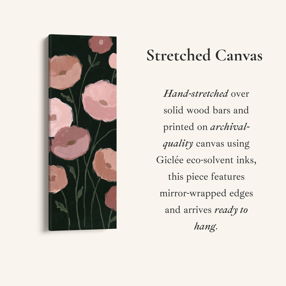 Moody Pink Poppies on Black Tall Wall Art for Dining Room, full artwork view of this tall vertical canvas