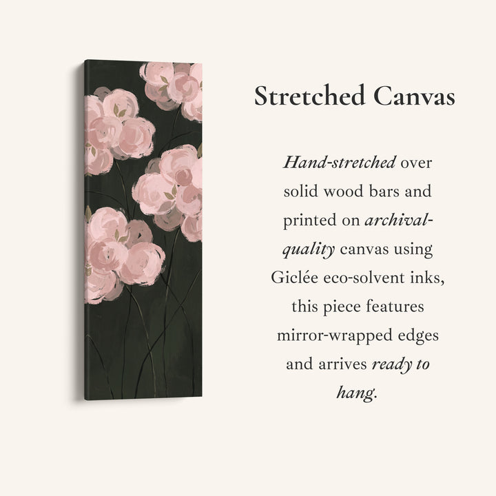 Bedroom Wall Art Tall Narrow Pink Roses on a Dark Background, full artwork view of this tall vertical canvas