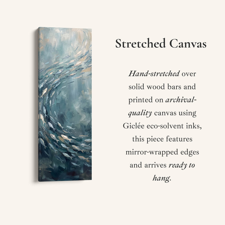 Vertical Wall Art Swirling Shoal of Fish Underwater for Hallway, full artwork view of this tall vertical canvas