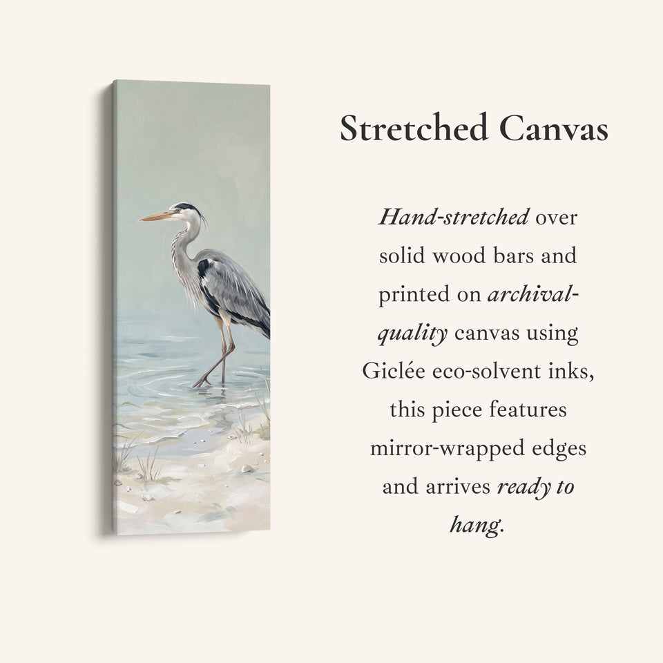 Grey Heron Wading Tall Wall Art Coastal Canvas for Living Room, full artwork view of this tall vertical canvas