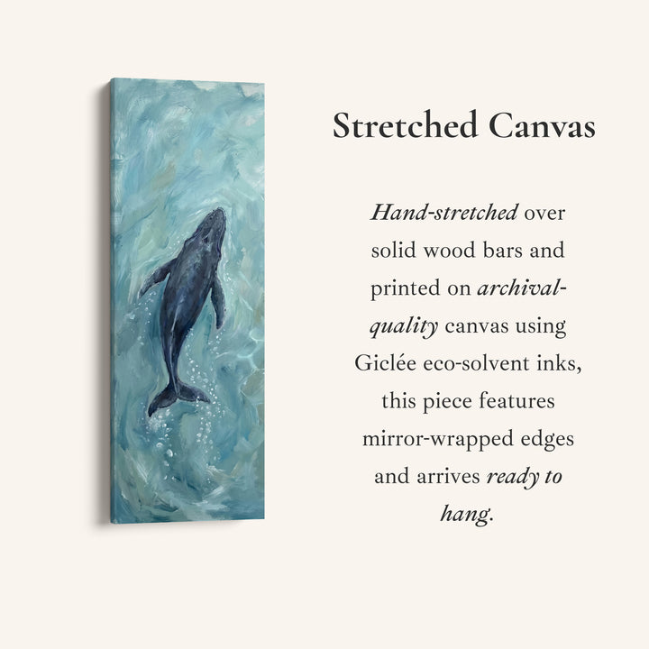 Deep Blue Ocean Diving Whale Long Narrow Wall Art for Bedroom, full artwork view of this tall vertical canvas