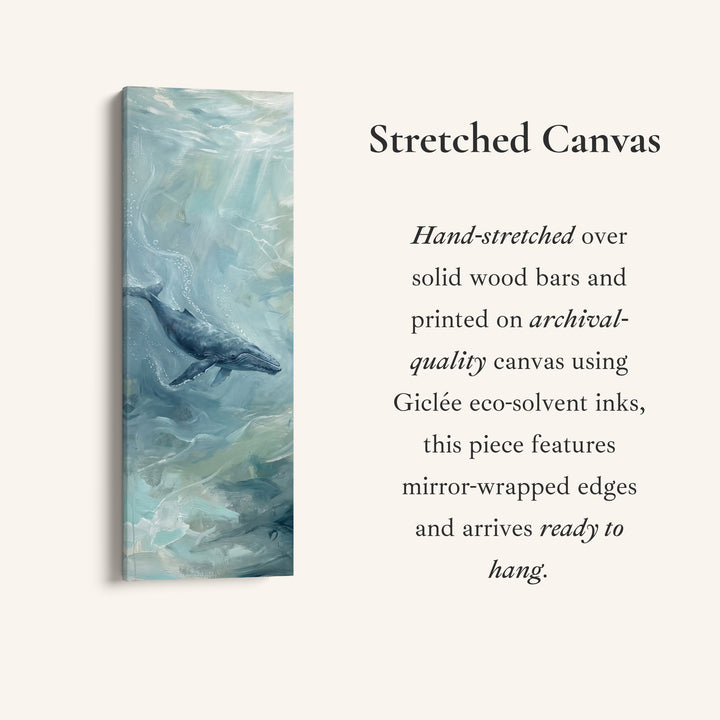 Office Wall Art Vertical Whale Swimming in Blue Green Water, full artwork view of this tall vertical canvas