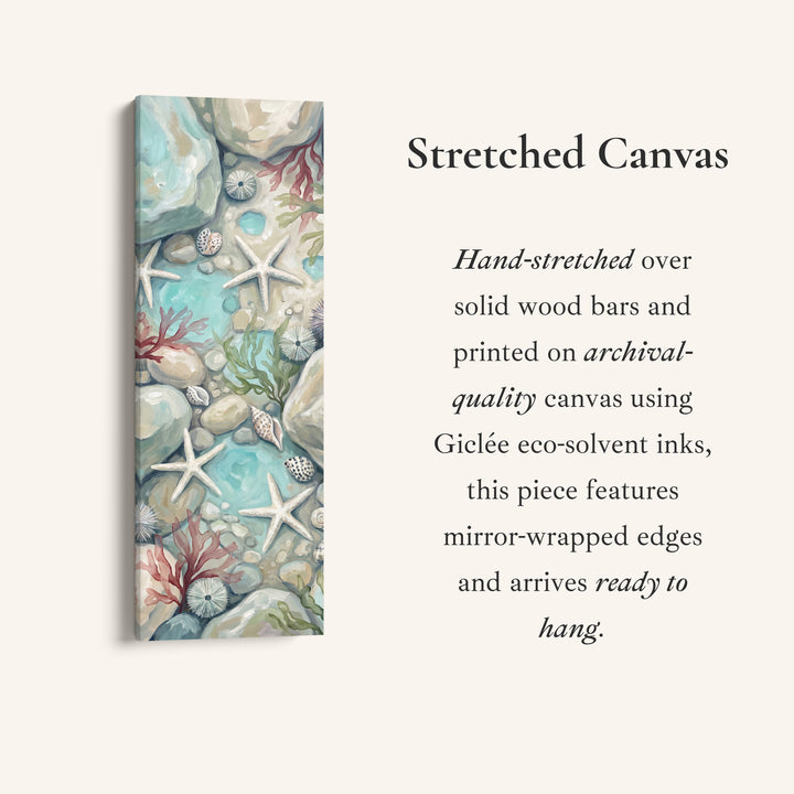 Tall Narrow Wall Art Rock Pool with Starfish and Shells for Hallway, full artwork view of this tall vertical canvas