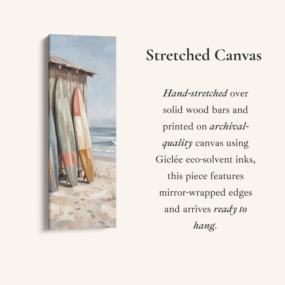 Surfboards by the Beach Shack Vertical Wall Art for Hallway, full artwork view of this tall vertical canvas