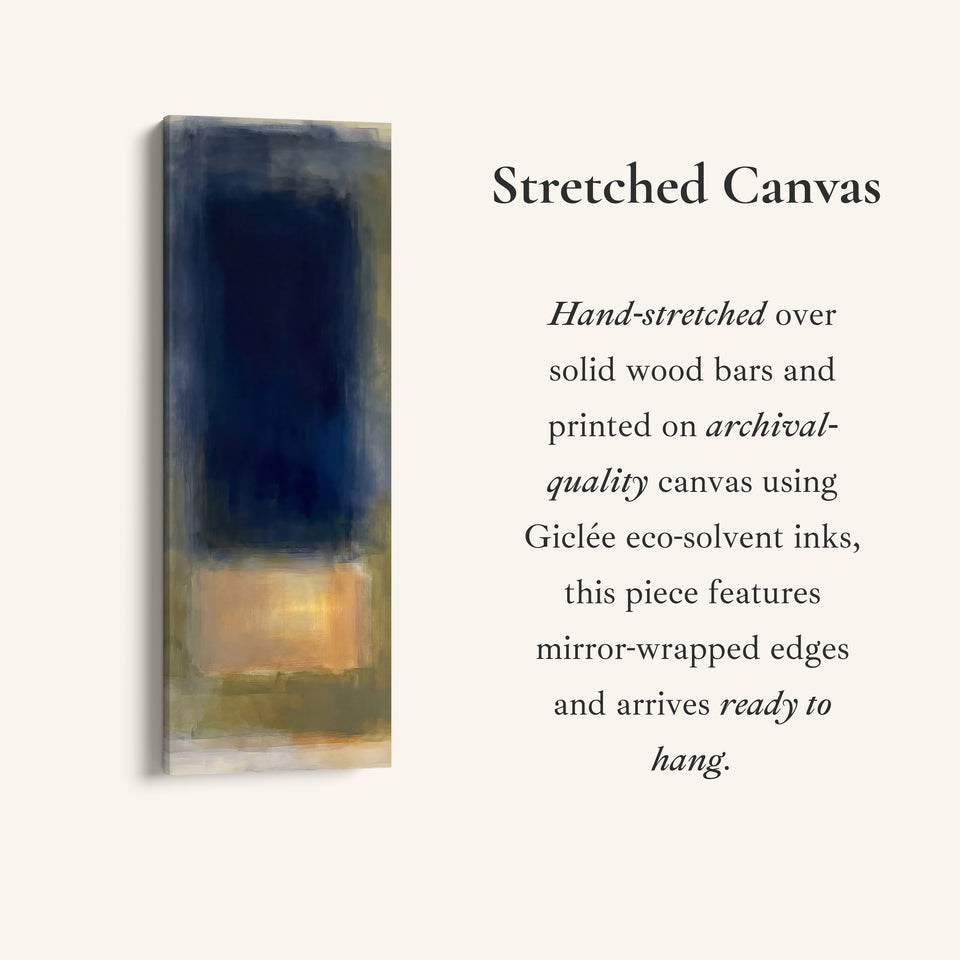 Moody Navy and Gold Colour Field Tall Narrow Wall Art for Office, full artwork view of this tall vertical canvas