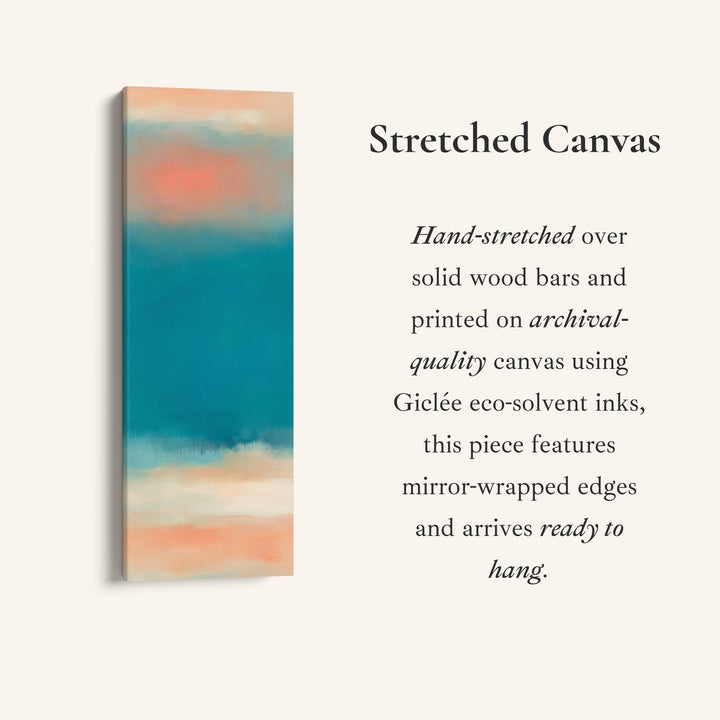 Hallway Wall Art Vertical Teal Sea Abstract with Peach Horizon, full artwork view of this tall vertical canvas