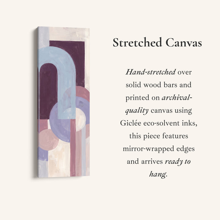 Bedroom Wall Art Tall Bauhaus Arches in Lilac and Plum, full artwork view of this tall vertical canvas