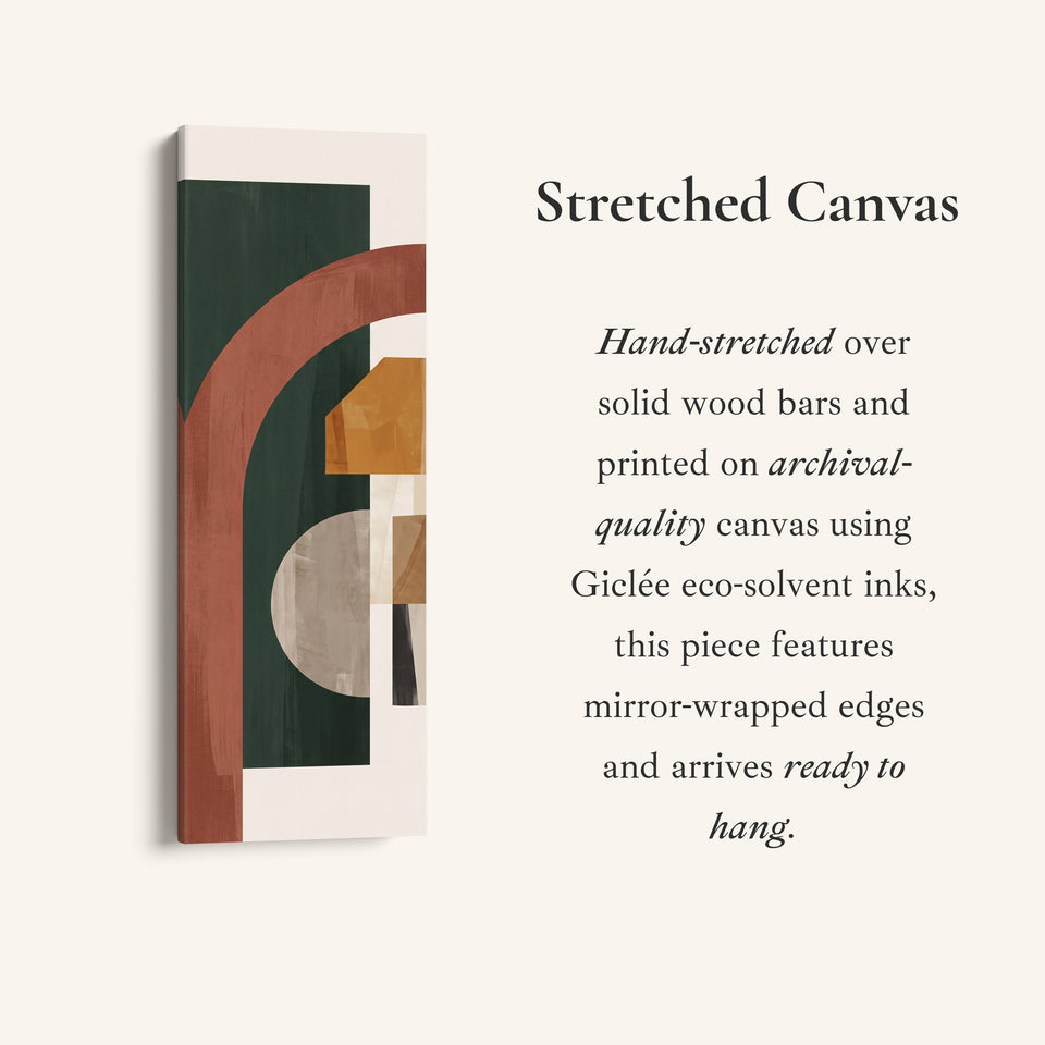 Long Narrow Wall Art Rust Arch on Forest Green Bauhaus for Office, full artwork view of this tall vertical canvas