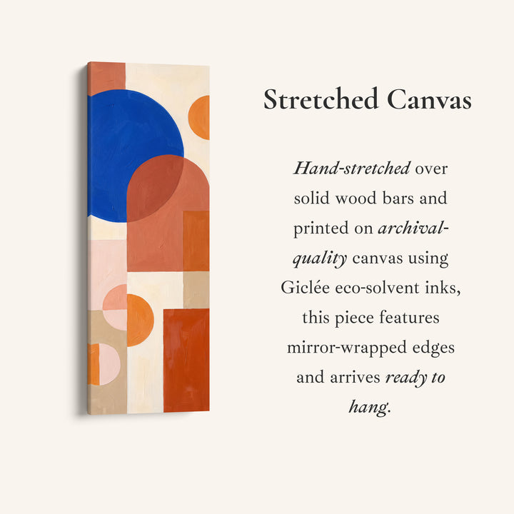 Kitchen Wall Art Tall Bauhaus Shapes in Cobalt and Orange, full artwork view of this tall vertical canvas