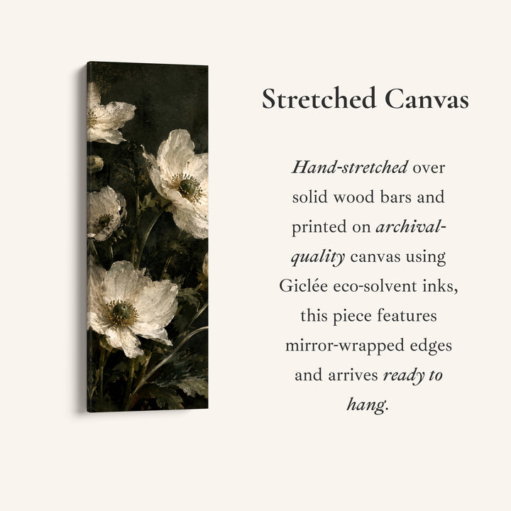 Tall Narrow Wall Art White Anemones Vintage Still Life for Dining Room, full artwork view of this tall vertical canvas