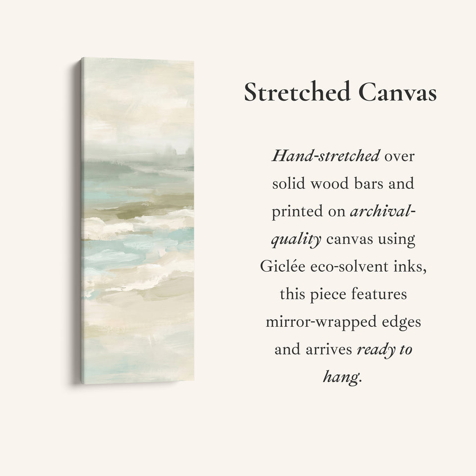 Hallway Wall Art Tall Narrow Misty Seascape in Sage and Sand, full artwork view of this tall vertical canvas