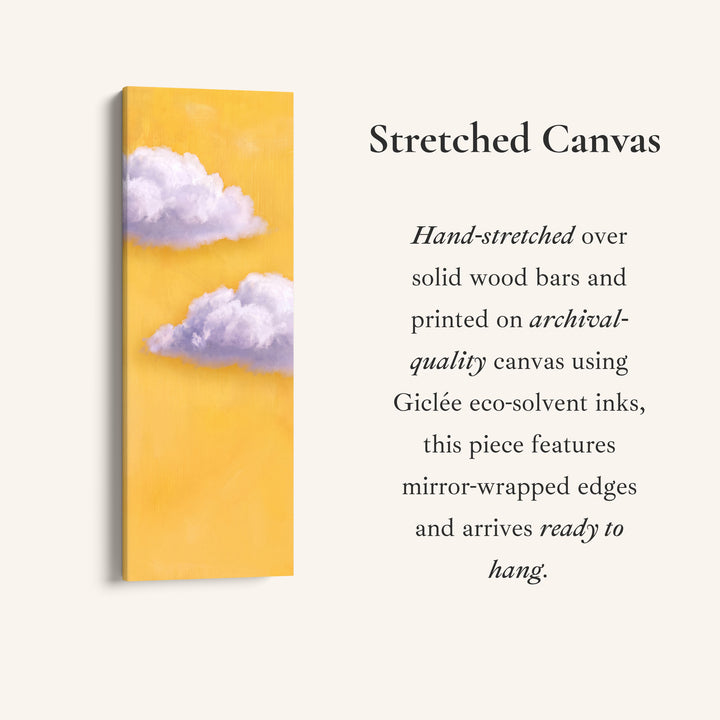 Vertical Wall Art Lilac Clouds on Yellow for Kids Room, full artwork view of this tall vertical canvas