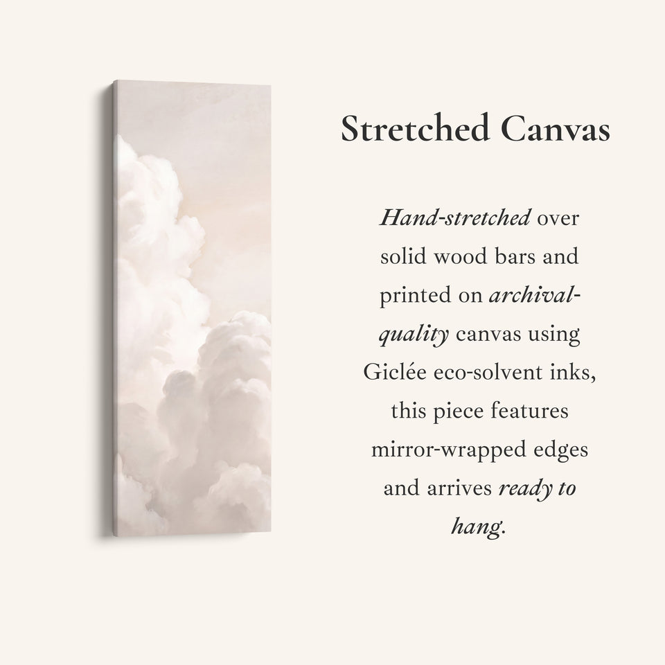 Soft Neutral Billowing White Clouds Tall Narrow Wall Art for Living Room, full artwork view of this tall vertical canvas