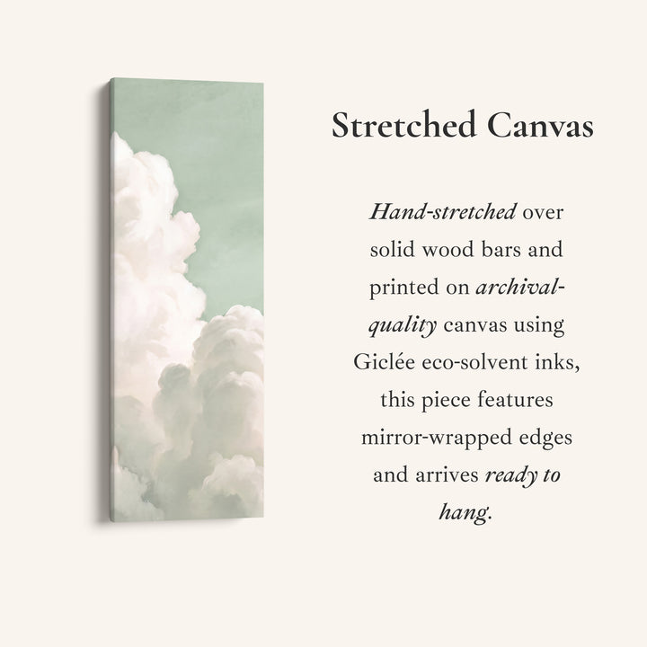 Bedroom Wall Art Vertical White Clouds on a Mint Sky, full artwork view of this tall vertical canvas